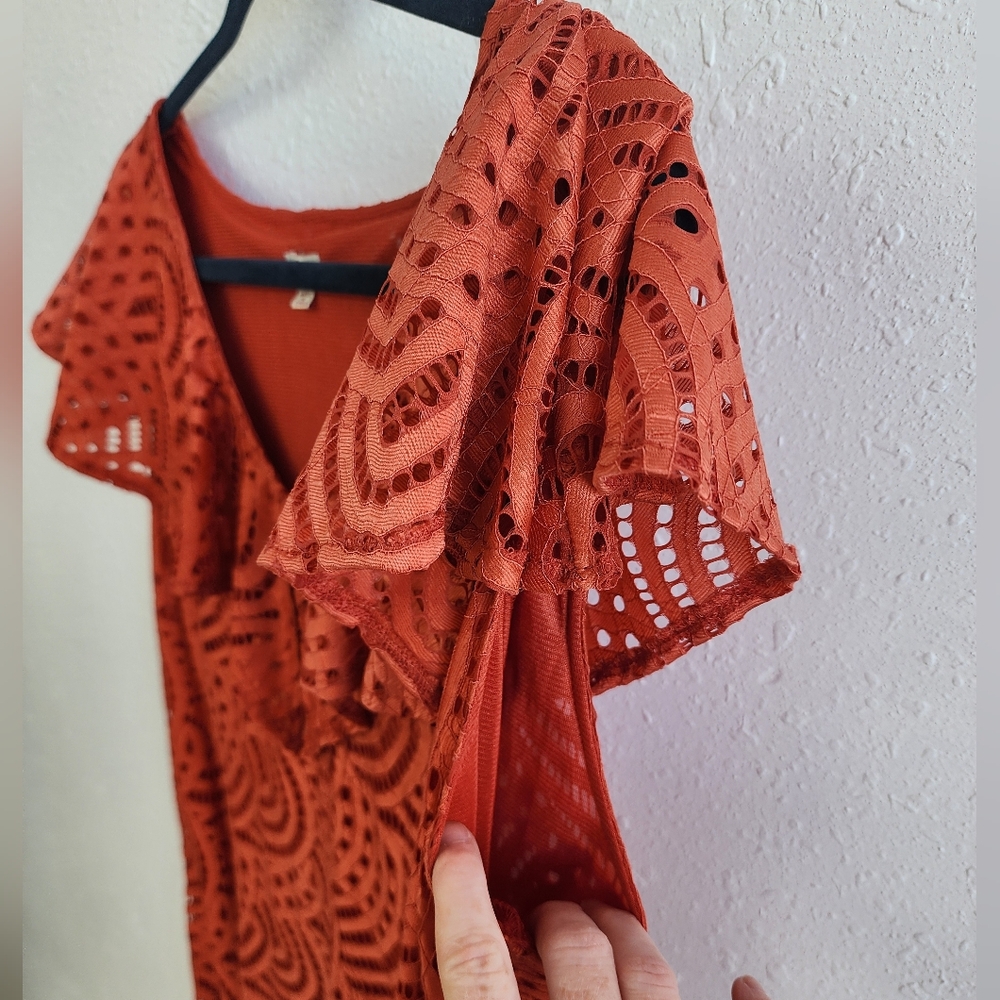Reba Rust Orange Eyelet Ruffle Midi Dress Size XL - Picture 4 of 6